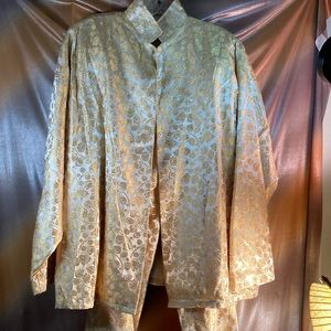 1960’s VOLUP Vintage golden brocade‎ satin jacket and pants 34” waist 48” chest